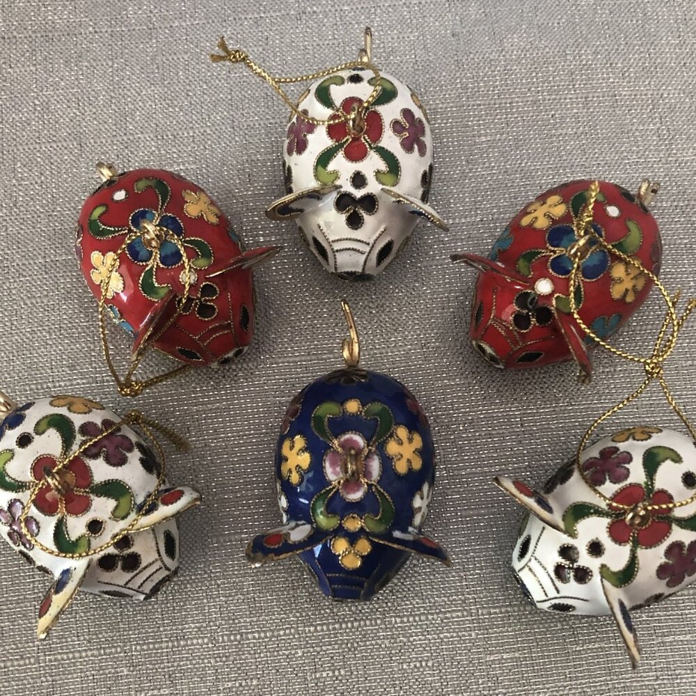 Cloisonne Ornaments Christmas Holiday Filigree Vintage Animals Lot of 6 Pigs 2"